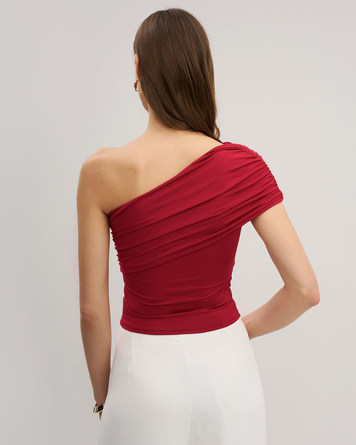 Red One Shoulder Slim Tee Product Image