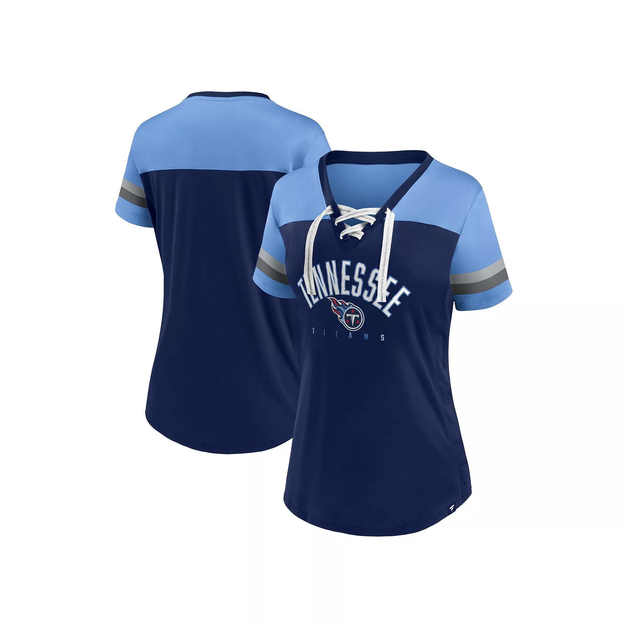 Women's Fanatics Branded Navy/Light Blue Tennessee Titans Blitz & Glam Lace-Up V-Neck Jersey T-Shirt, Size: 2XL Product Image