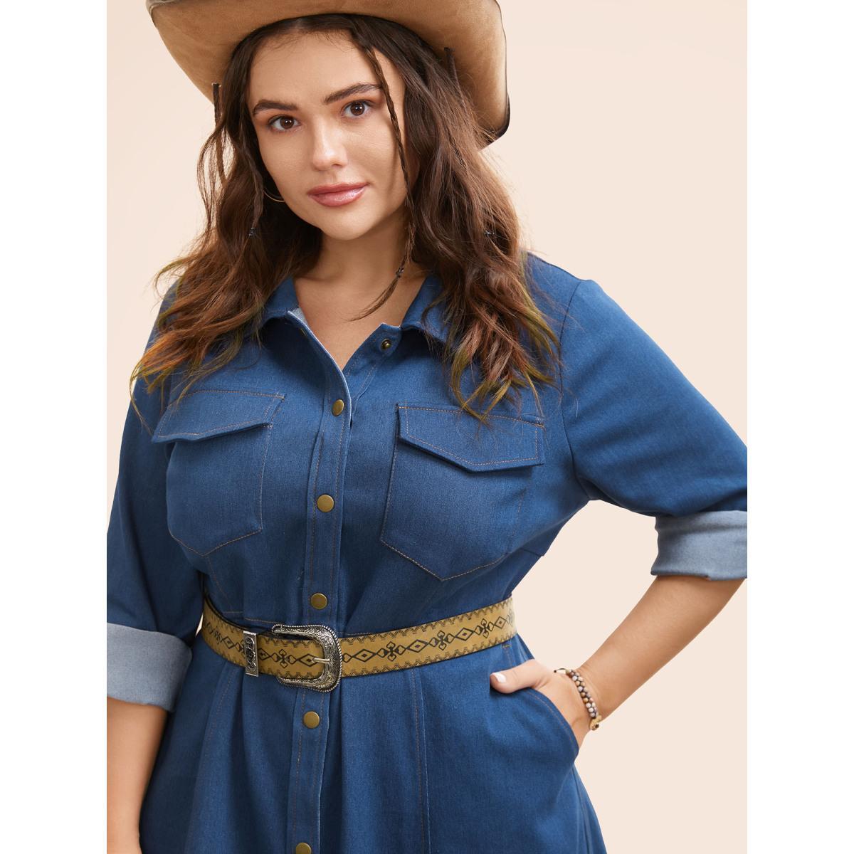 Plus Size Stretch Denim Chest Flaps Waist Defining Midi Dress Denimindigo Women Button Casual Side seam pocket Leisure Denim Dresses BloomChic 28/5X Product Image
