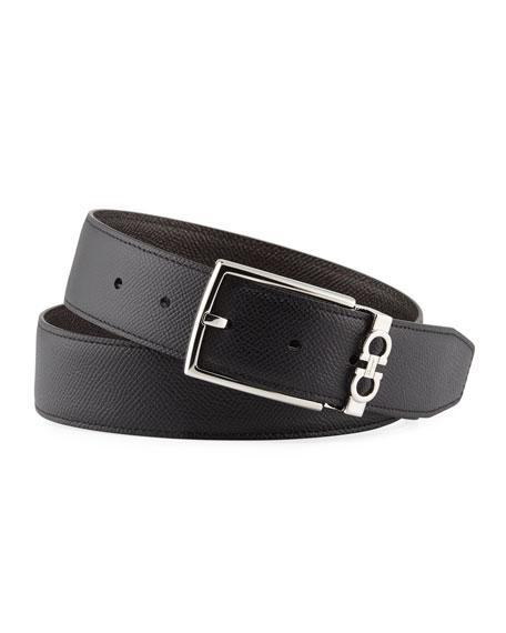 FERRAGAMO Men's Reversible Textured Leather Belt With Classic Buckle In Nero / T.moro Product Image