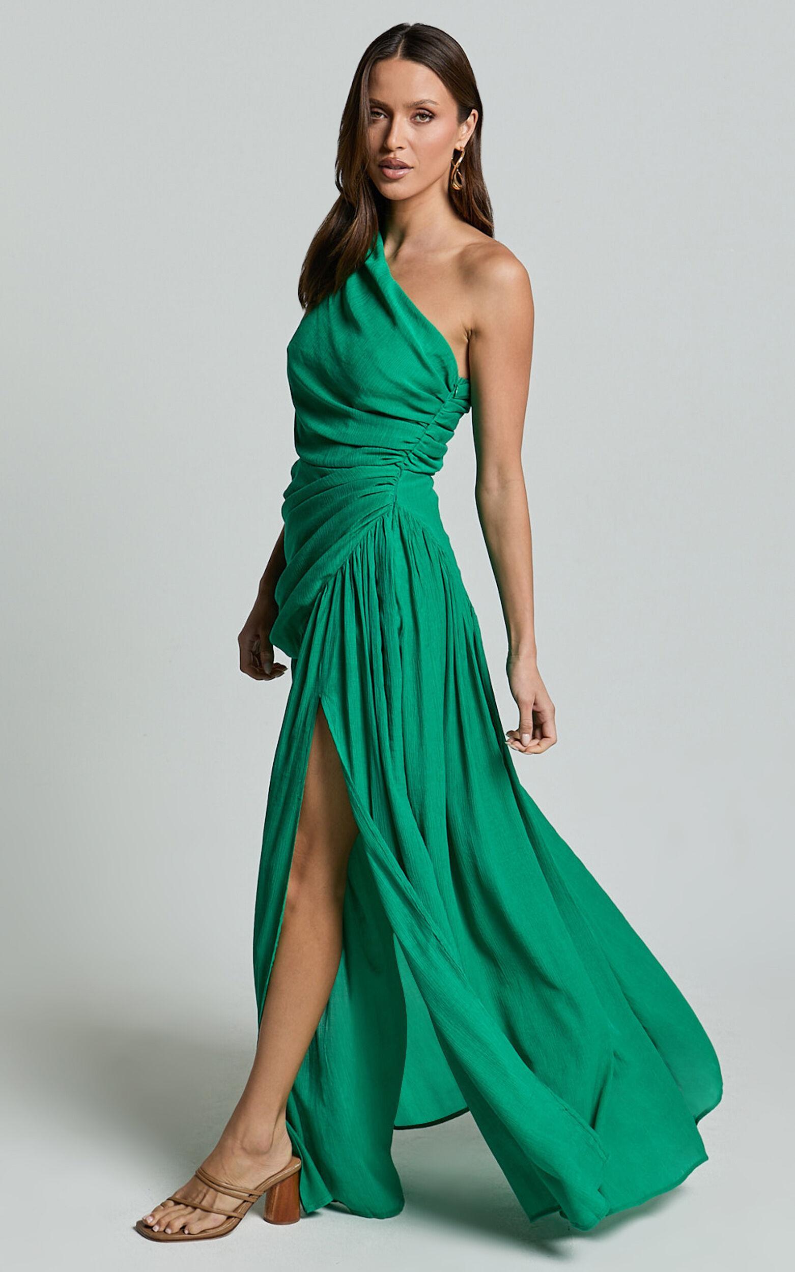 Darcy Maxi Dress - One Shoulder Side Cut Out Gathered Dress in Green Product Image