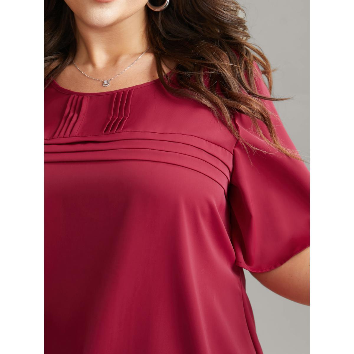 Plus Size RedViolet Solid Pleated Crew Neck Blouse Women Work From Home Short sleeve Round Neck Work Blouses BloomChic 14-16/1X Product Image