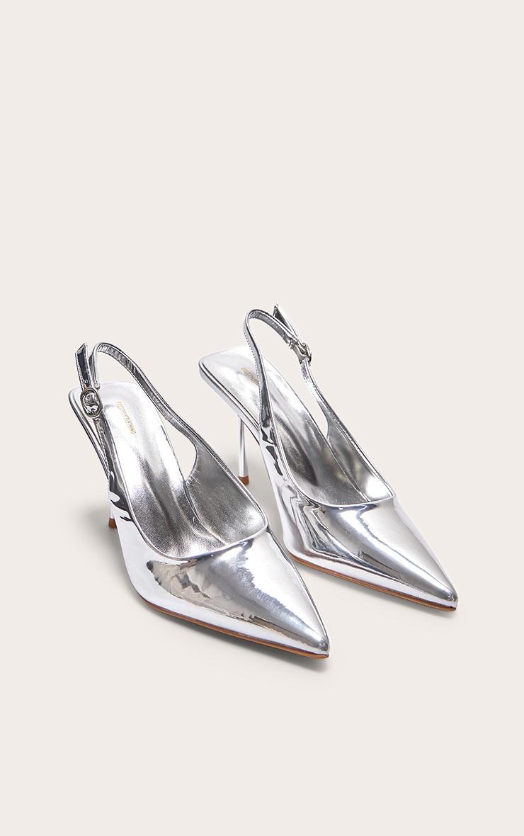 Silver PU Point Toe Sling Back Mid Heeled Courts Product Image