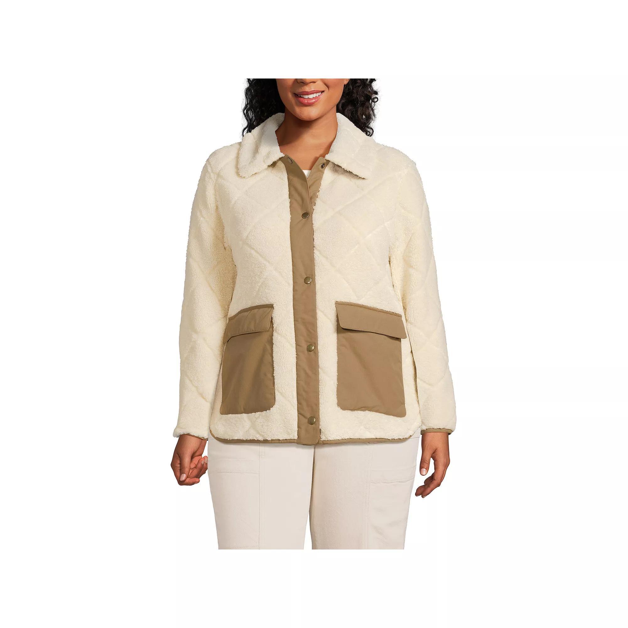 Plus Size Lands' End Quilted Fleece Button Front Jacket, Women's, Size: 1XL, Ivory Pearl Product Image