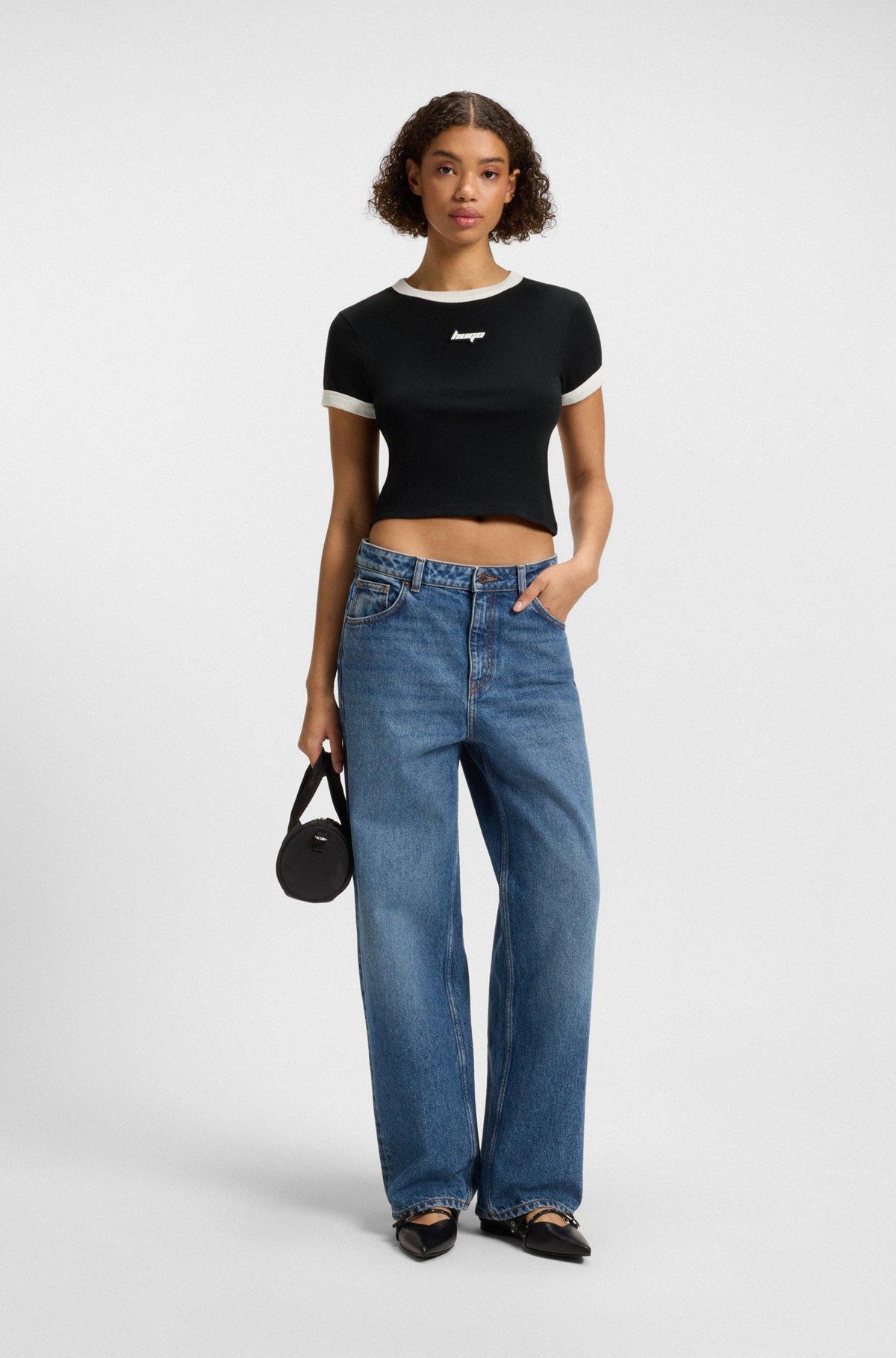 HUGO - Cropped ringer T-shirt in cotton with graphic print - Black Product Image