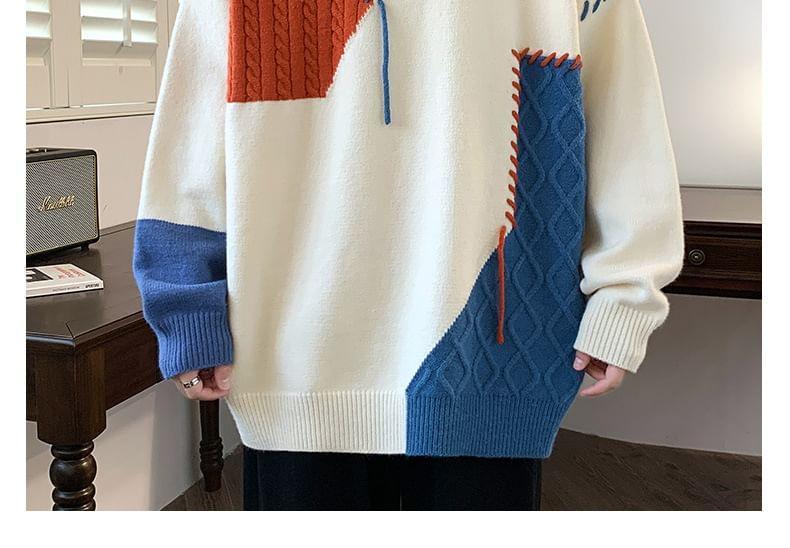 Crew Neck Color Block Cable Knit Panel Sweater Product Image