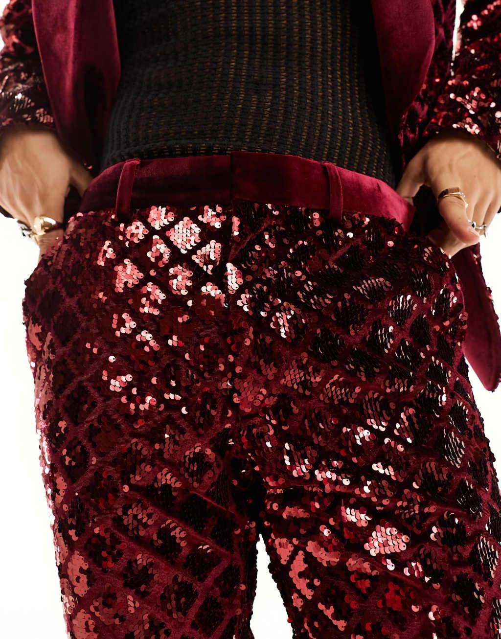 ASOS DESIGN skinny suit pants in diamond sequin in burgundy Product Image