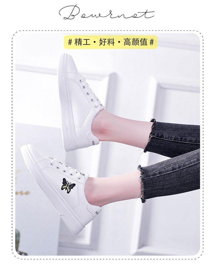 Butterfly Embroidered Lace-Up Faux Leather Sneakers Product Image