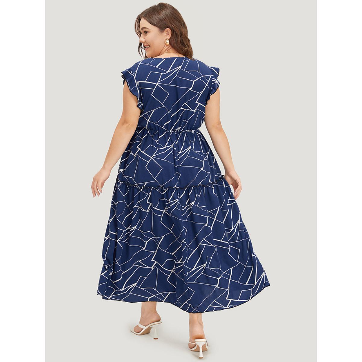 Plus Size Geometric Print Ruffle Cap Sleeve Wrap Layered Hem Dress Indigo Women Office Printed V-neck Cap Sleeve Curvy Long Dress BloomChic 30/6X Product Image