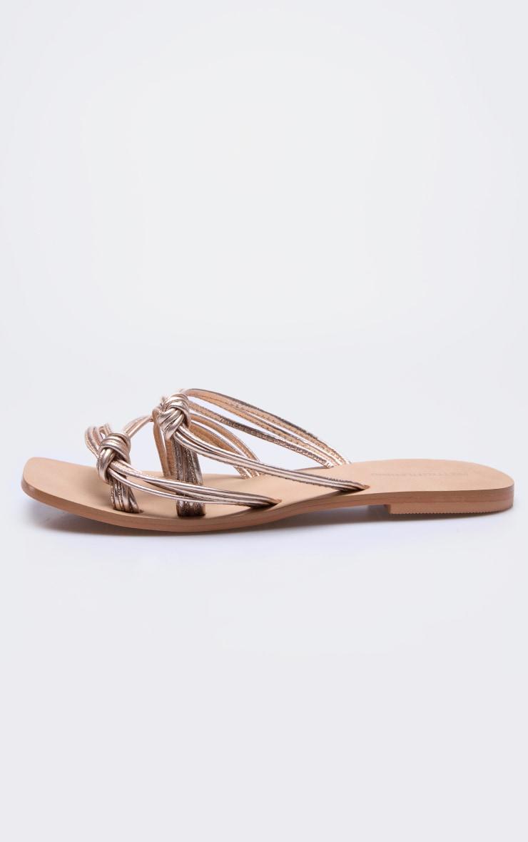 Gold Real Leather Knotted Strap Flat Sandals Product Image