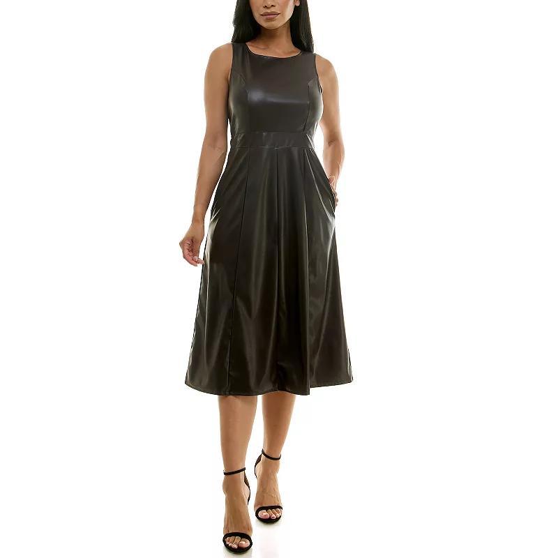 Women's Nina Leonard Faux Leather Fit & Flare Midi Dress, Size: Medium, Black Product Image