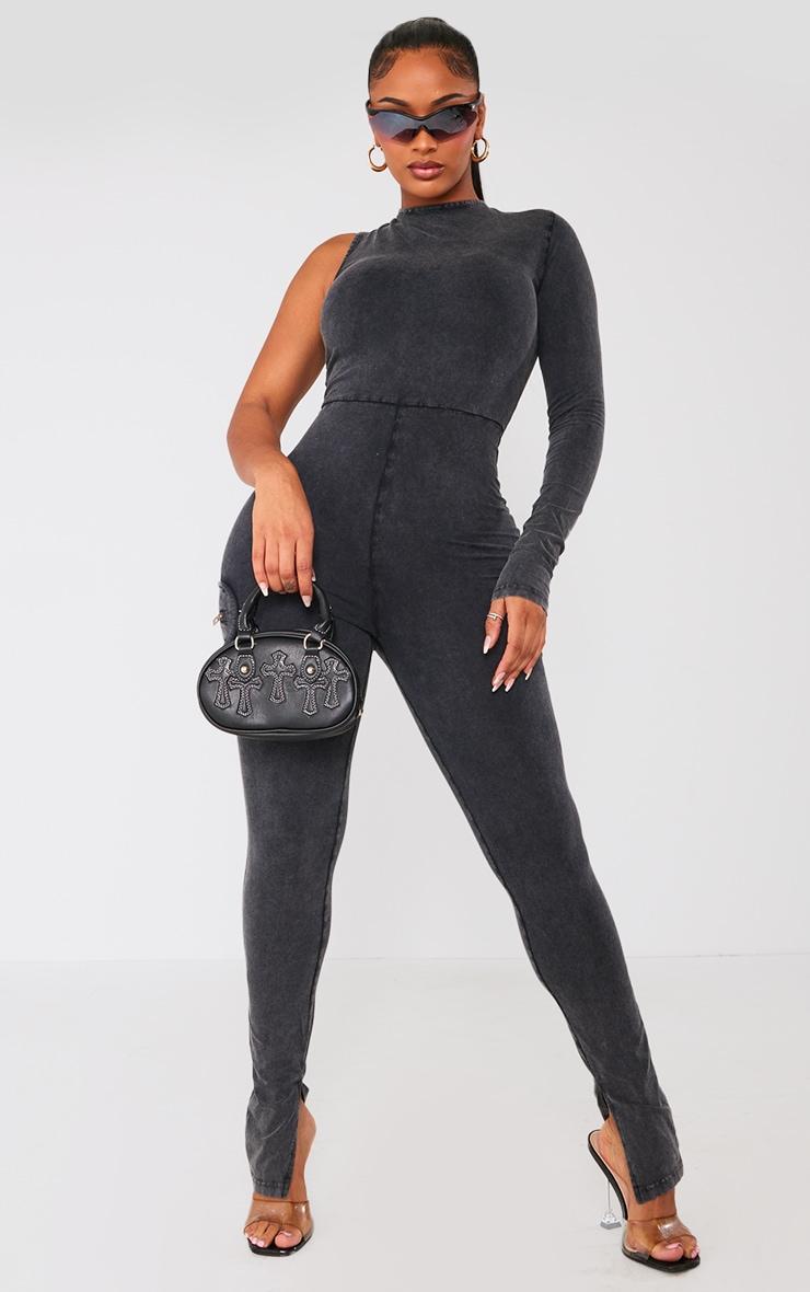 Shape Charcoal Cotton One Shoulder Zip Detail Jumpsuit Product Image