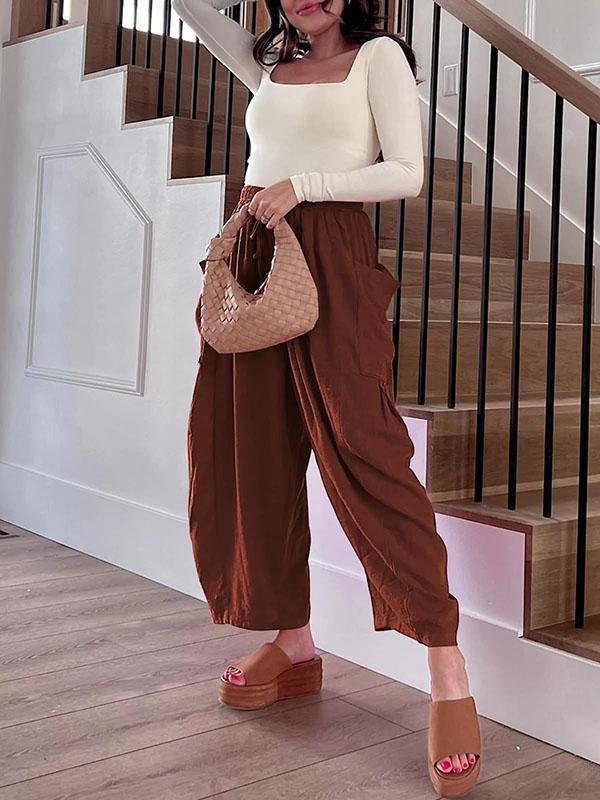High Waisted Loose Drawstring Elasticity Pleated Pockets Solid Color Ninth Pants Trousers Product Image
