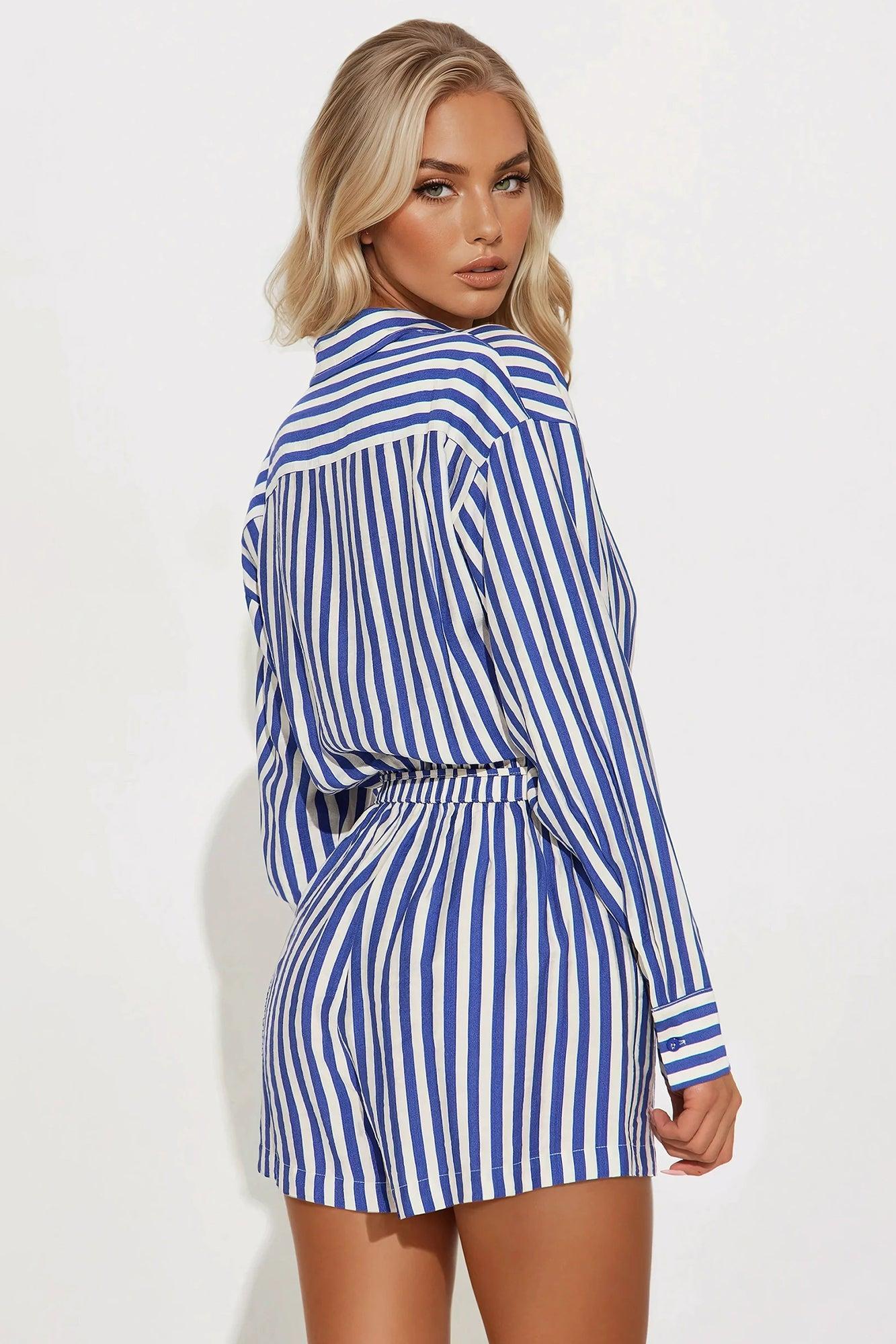 Callie Striped Romper - White/Blue Product Image