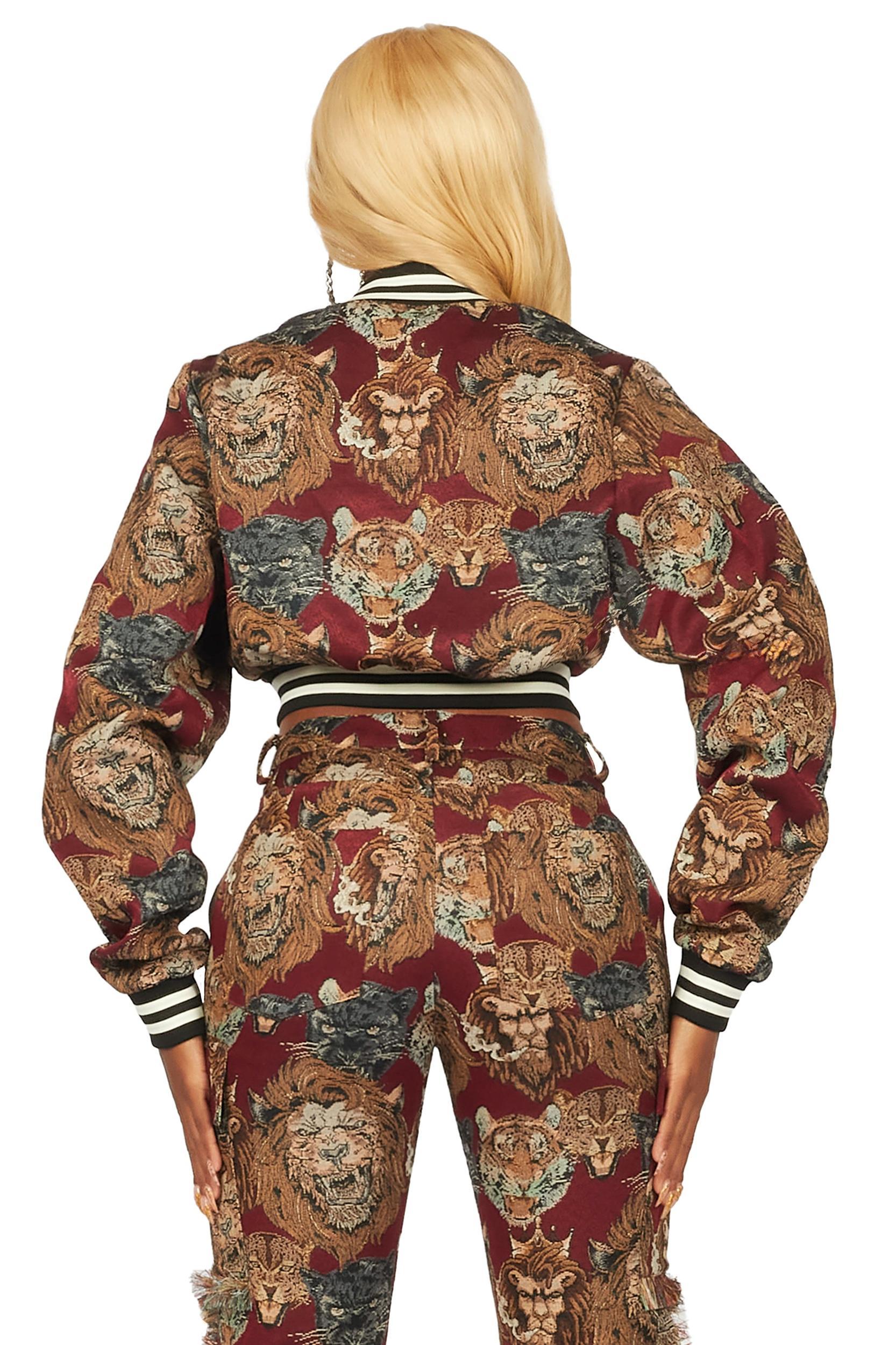 Khadiyah Red Crop Tapestry Varsity Jacket Female Product Image