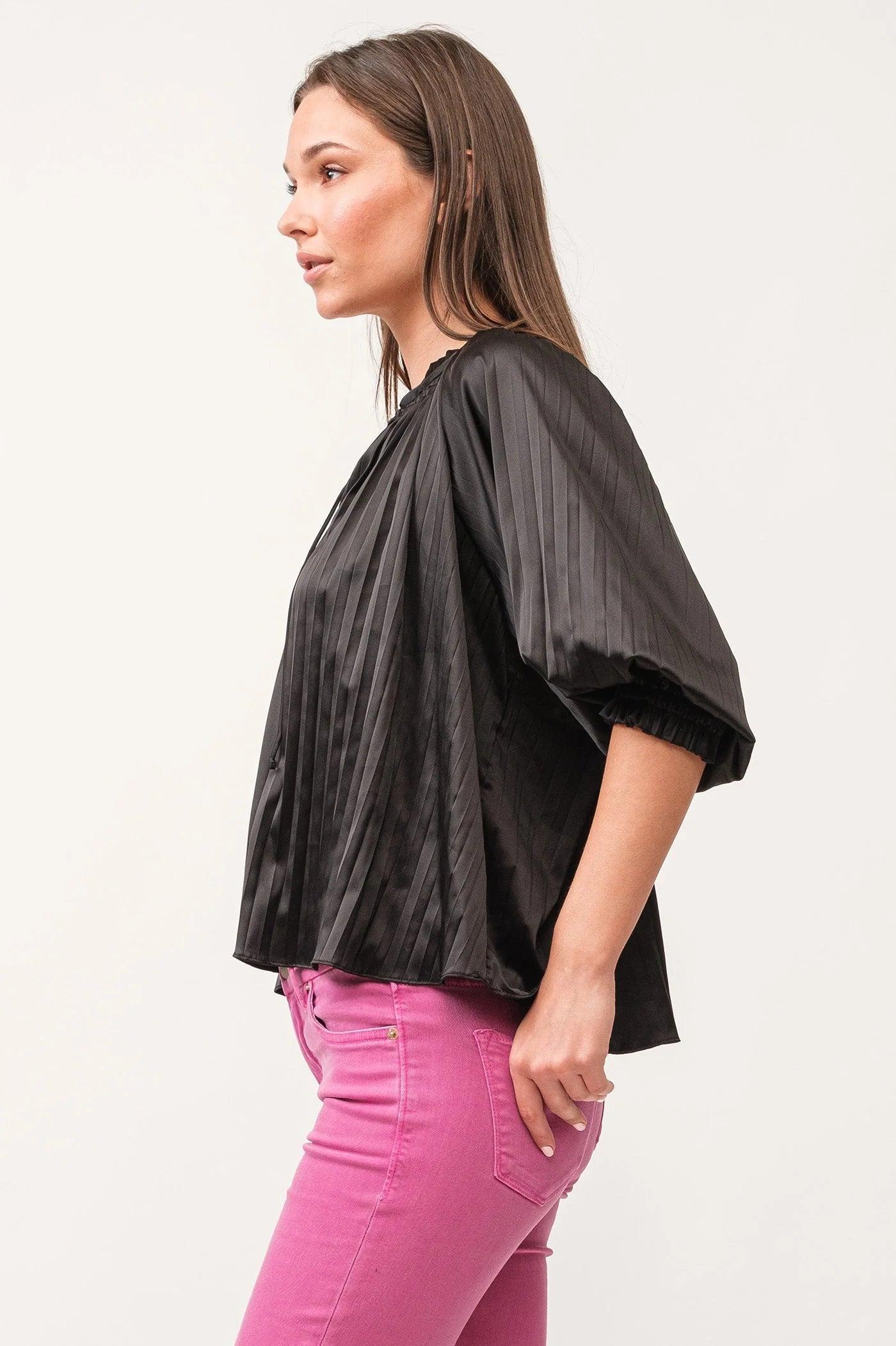 Anais Ruched Neck 3/4 Sleeve Pleated Satin Top Product Image