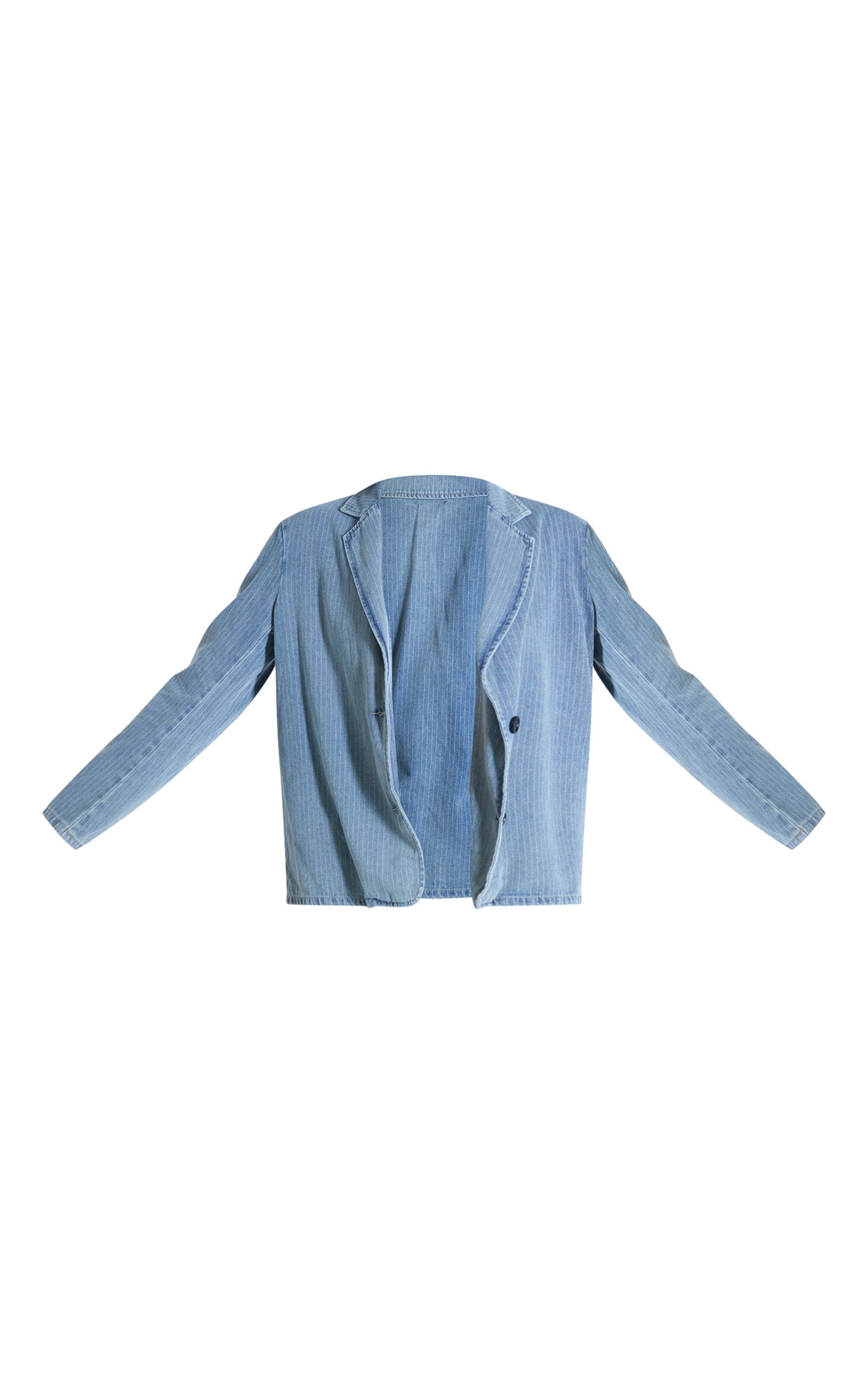 Washed Blue Pinstripe Lightweight Denim Oversized Blazer Product Image