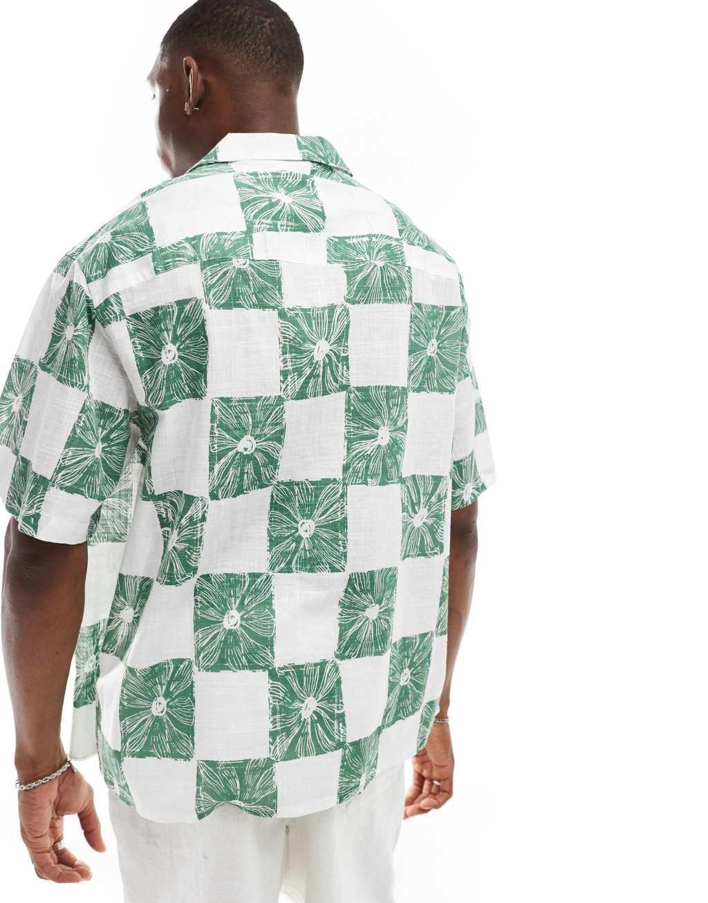 ASOS DESIGN oversized shirt in white and green checkerboard floral print Product Image