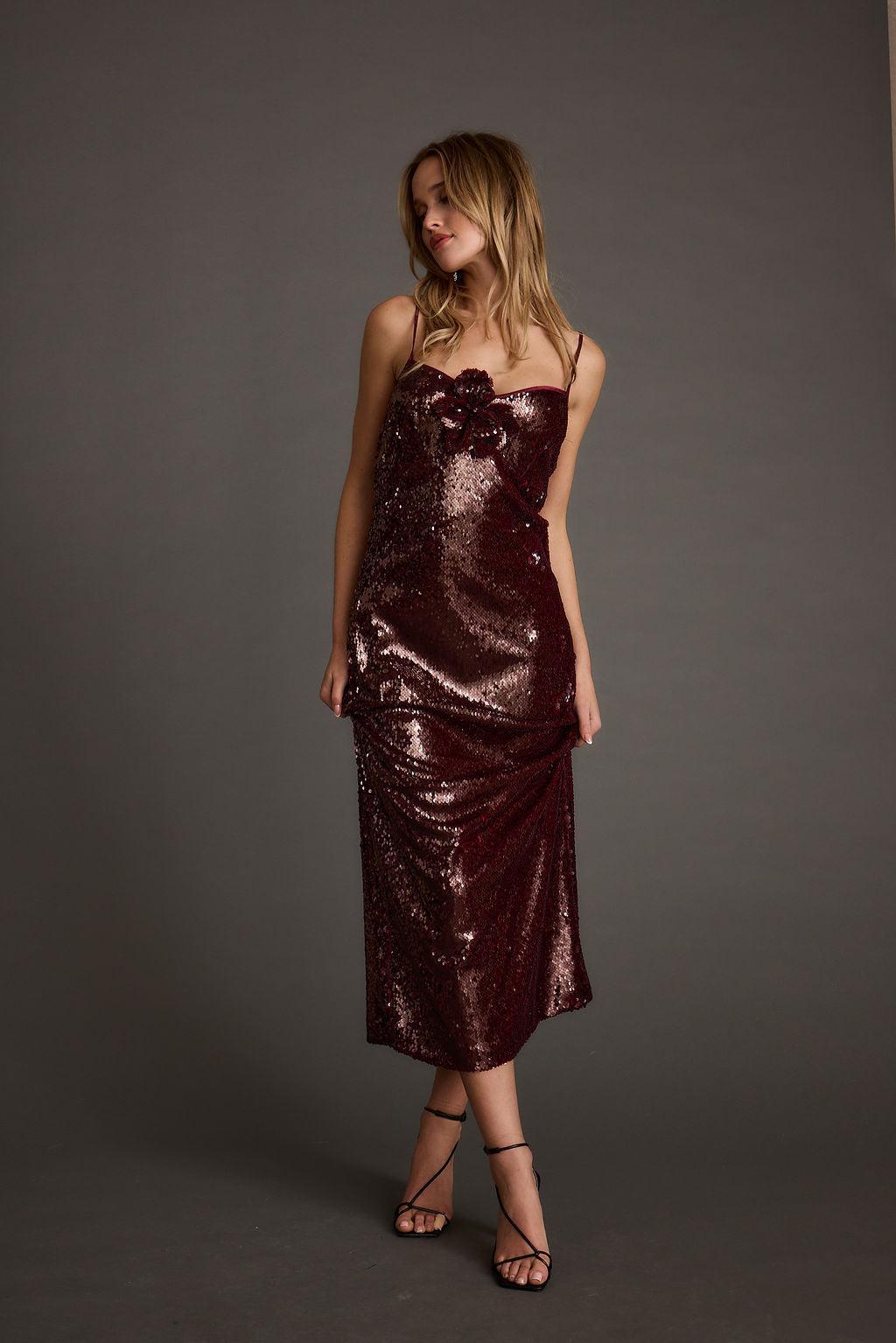 All For You Merlot Sequin Rosette Midi Dress Product Image