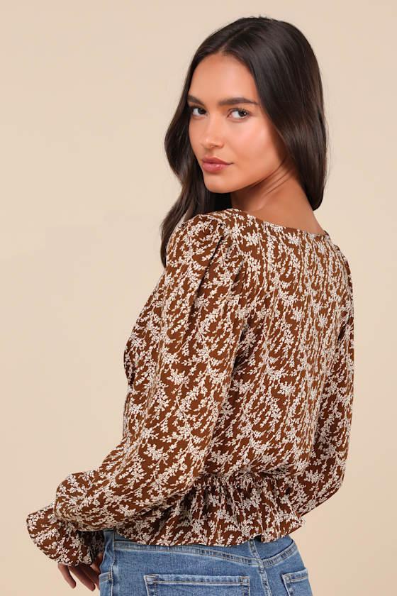 Autumn Blossom Brown Floral Button-Front Long Sleeve Top Product Image