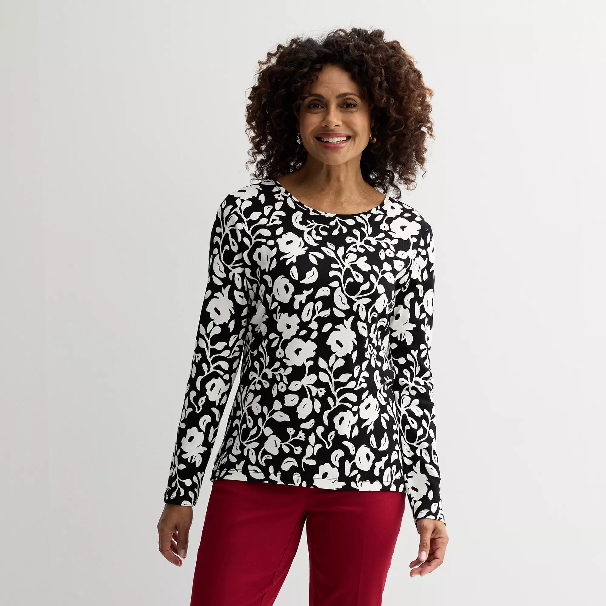 Petite Croft & Barrow® Crewneck Long-Sleeve Tee, Women's, Size: Medium Petite, Black Chic Floral Product Image