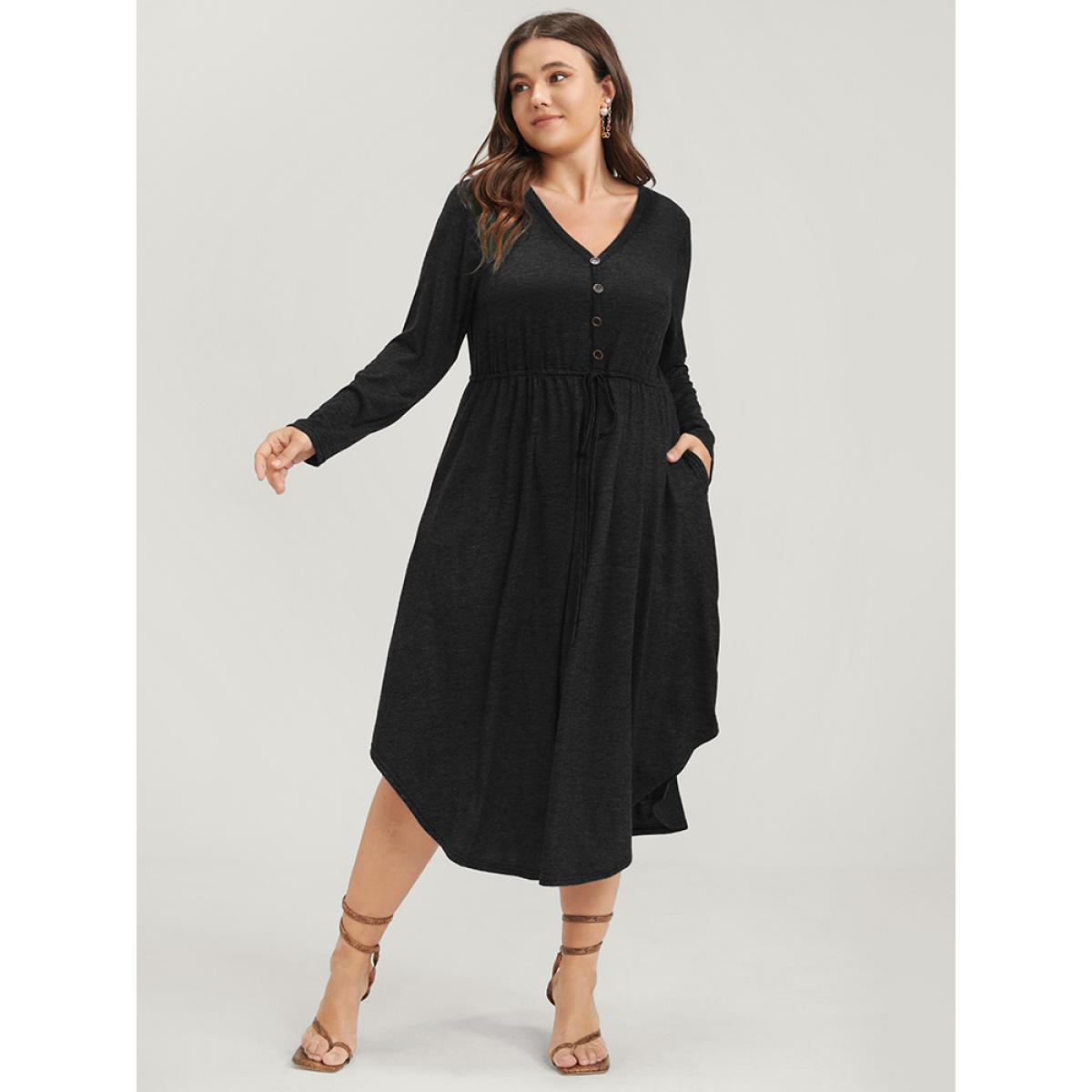 Plus Size Solid Pocket Button Asymmetrical Hem Ties Midi Dress Black Women Casual Patchwork V-neck Long Sleeve Curvy Midi Dress BloomChic 10/M Product Image