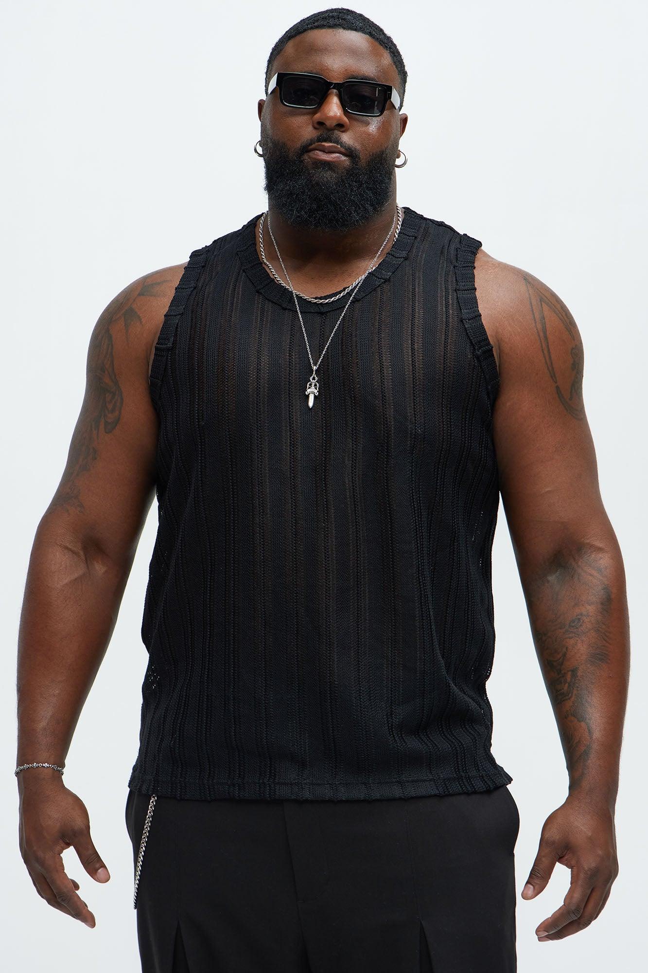 Striped Open Knit Tank - Black Product Image