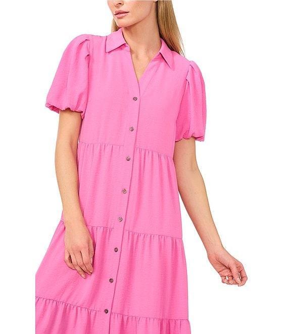 CeCe Gauze Point Collar Short Puff Sleeve Button Front Tiered Midi Shirt Dress Product Image