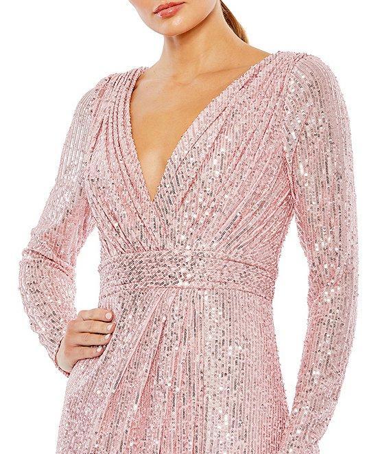 Ieena for Mac Duggal Long Sleeve Deep Surplice V-Neck Sequin Thigh High Slit Gown Product Image