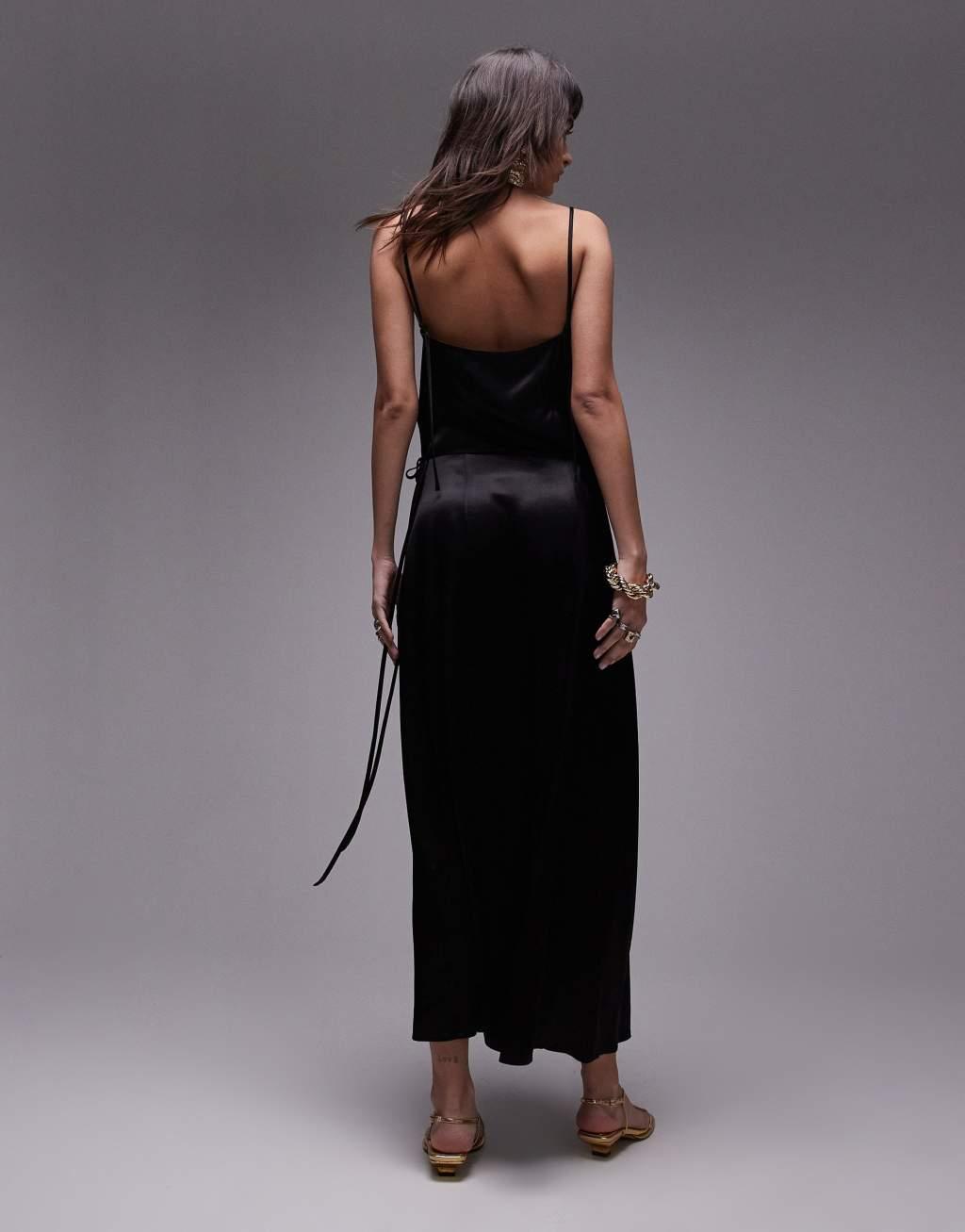 Topshop premium square neck wrap midi slip in black Product Image