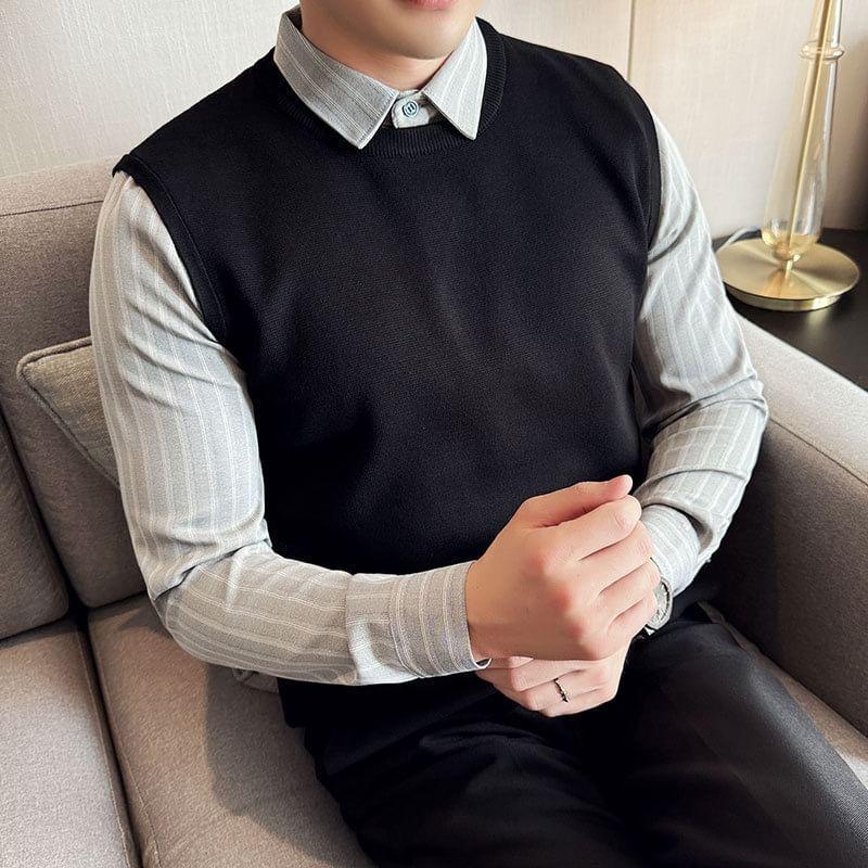 Long Sleeve Collared Striped Mock Two Piece Panel Knit Shirt Product Image