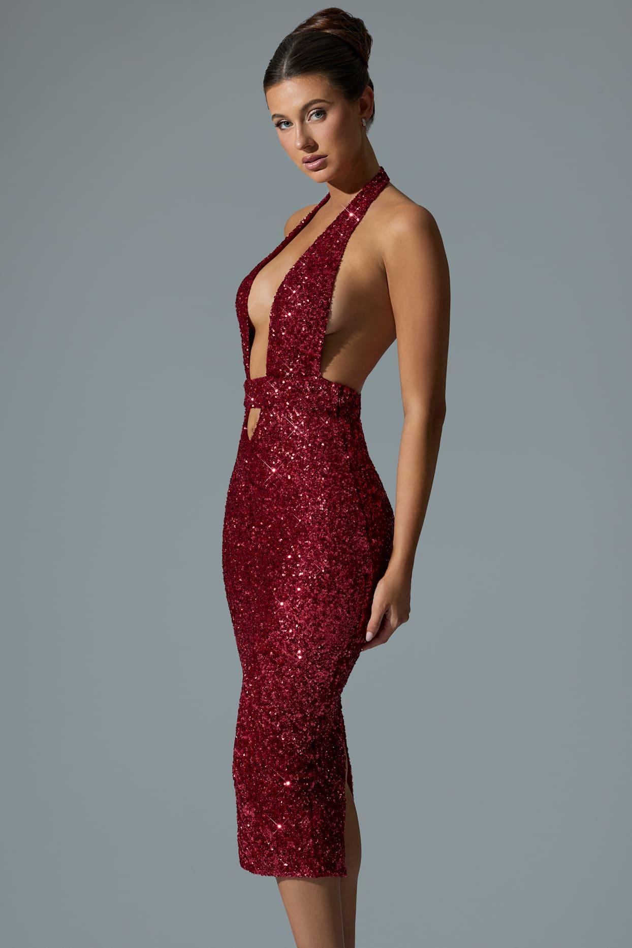 Embellished Cut-Out Open-Back Midaxi Dress in Red Product Image