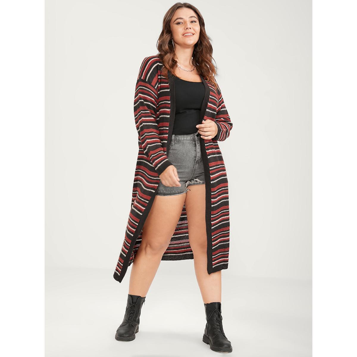 Plus Size Striped Contrast Pointelle Knit Pocket Open Front Long Cardigan Multicolor Women Casual Loose Long Sleeve Dailywear Cardigans BloomChic 18-20/2X Product Image