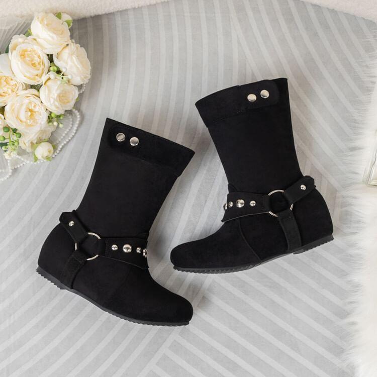 Hidden Wedge Plain Studded Zip-Up Short Boots Product Image