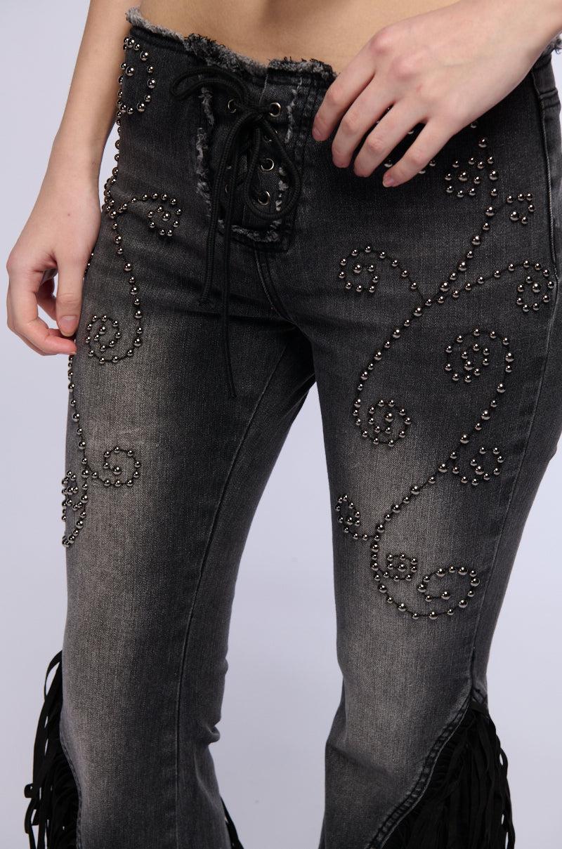 RODEO FRINGE LOW RISE FLARE JEANS Product Image