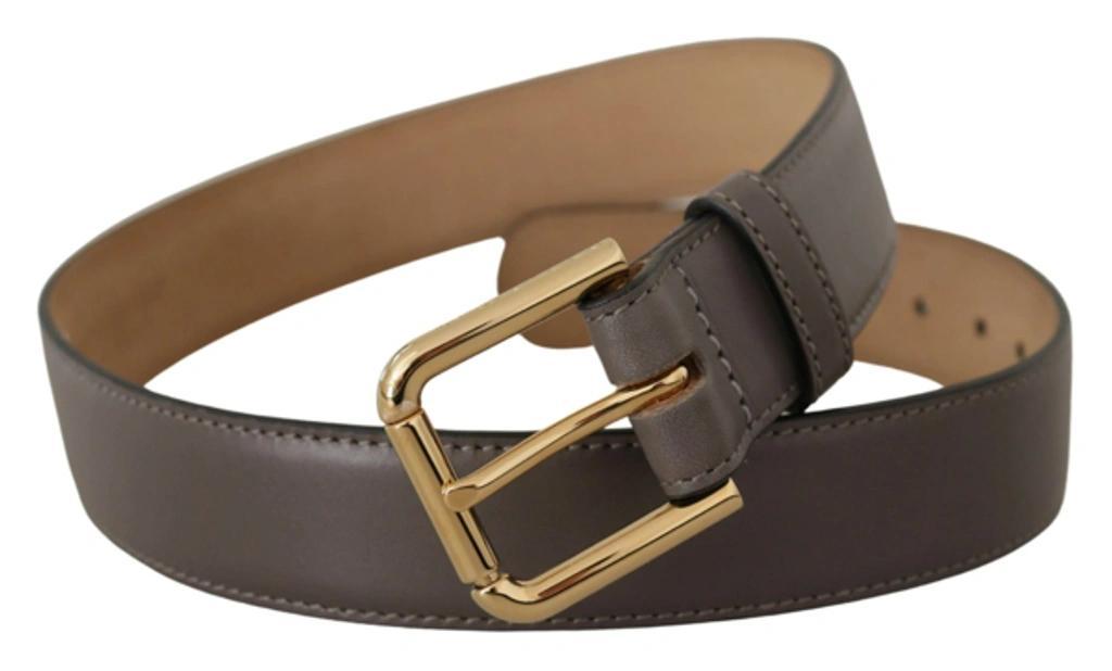 DOLCE & GABBANA Gray Calfskin Leather Gold Metal Logo Buckle Belt Product Image