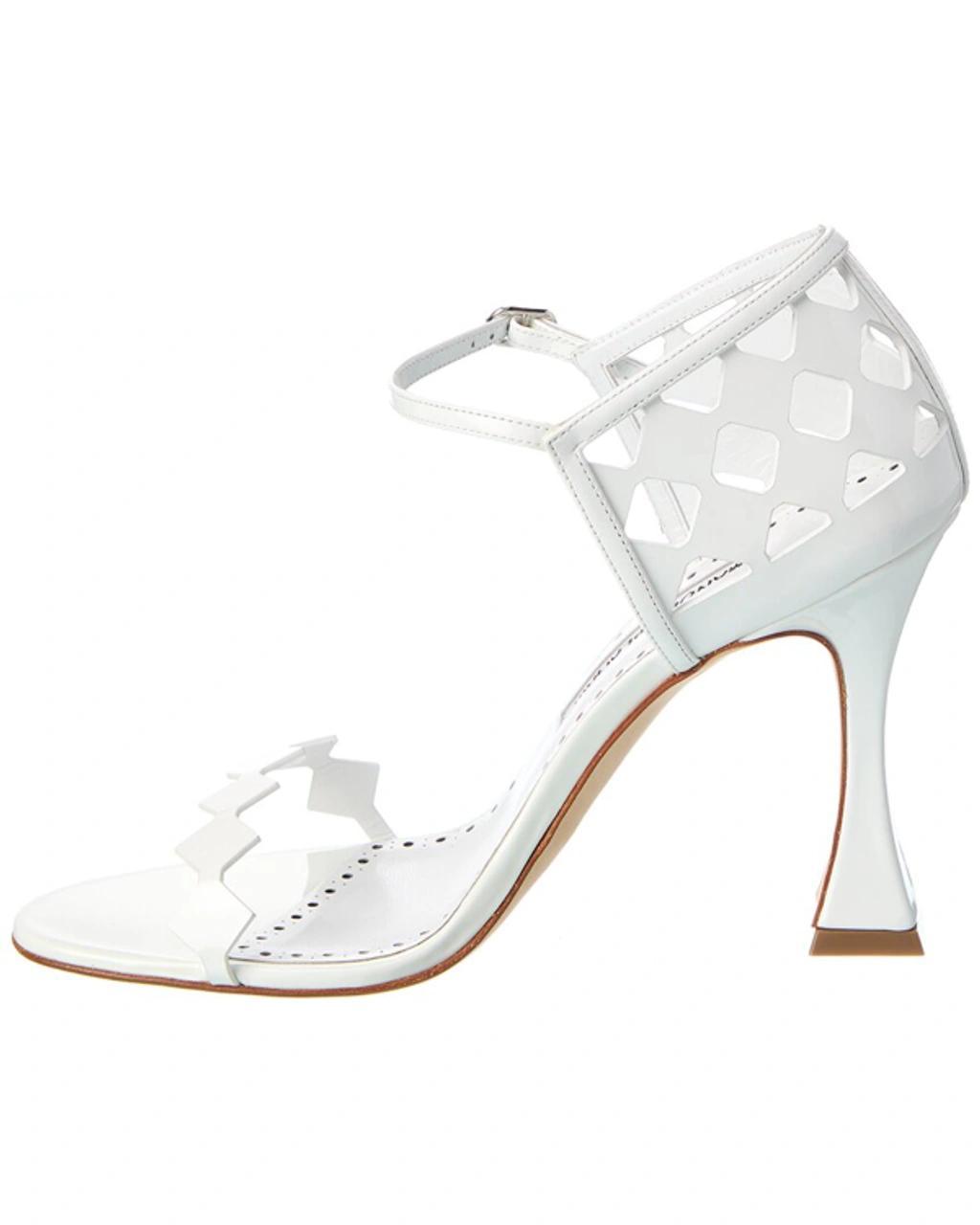 MANOLO BLAHNIK Kalun Cutout Patent Leather Stiletto Sandals In White Product Image