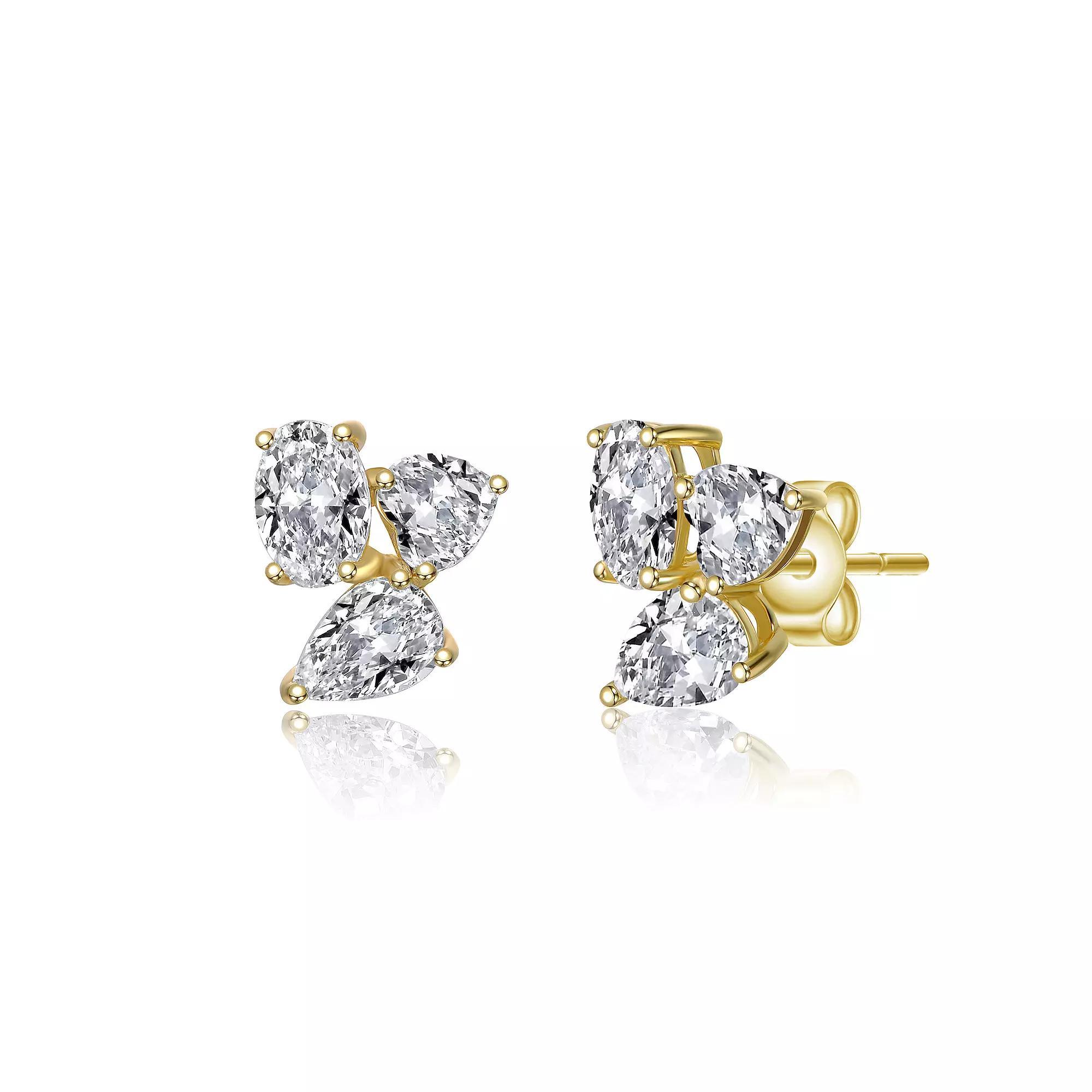 Sterling Silver Cubic Zirconia Triple Cluster Stud Earrings, Womens, Gold Tone Product Image