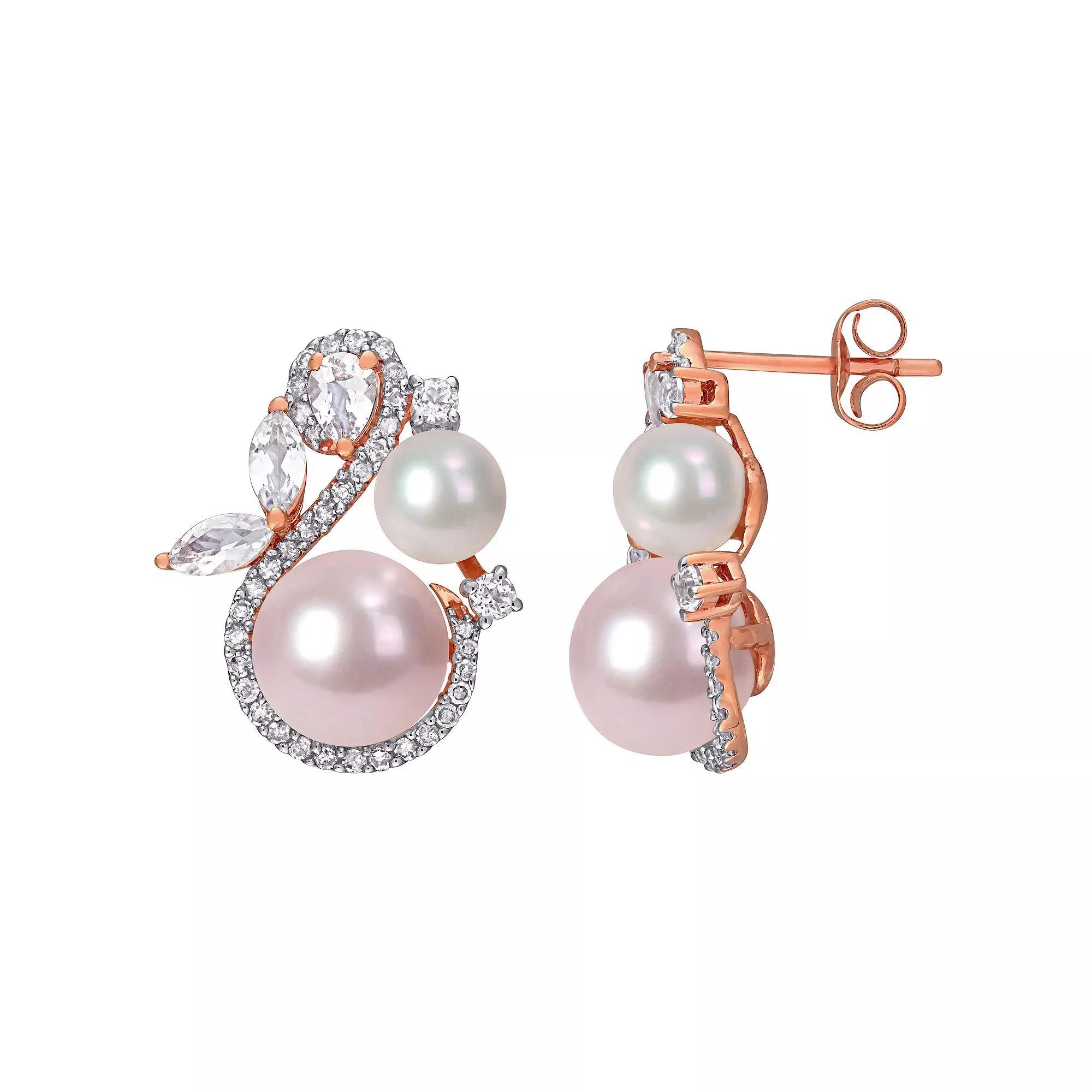 Stella Grace 10k Rose Gold Freshwater Cultured Pearl, White Topaz & 1/3 Carat T.W. Diamond Swan Stud Earrings, Women's Product Image