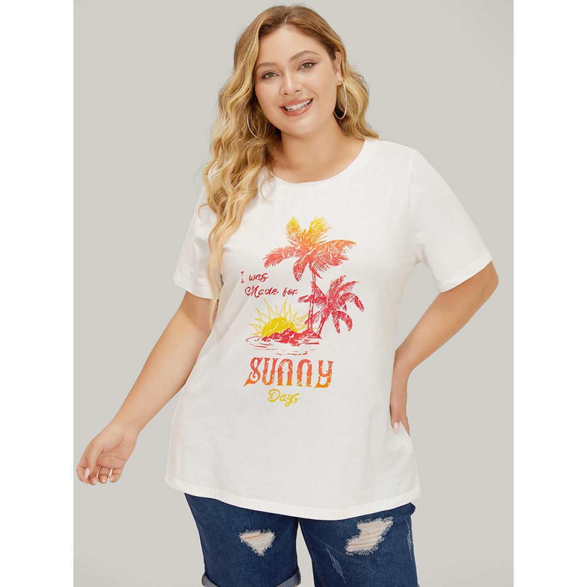Plus Size Coconut Tree & Letter Print Drop Shoulder T-shirt White Women Casual Tropical Dailywear T-shirts BloomChic 28/5X Product Image