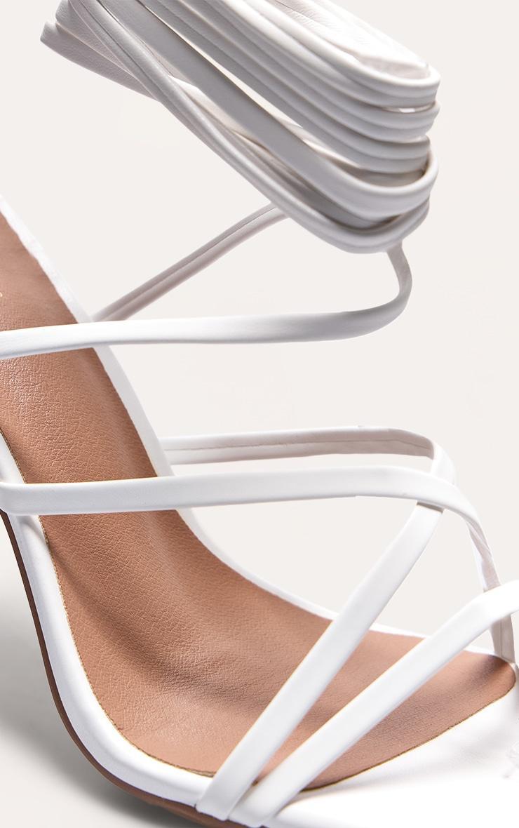 White Wide Fit PU Square Toe Strappy Lace Up Heeled Sandals Product Image