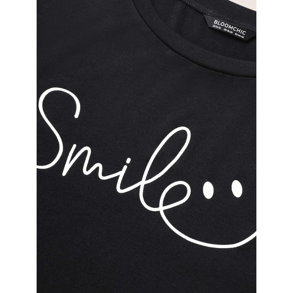Plus Size Letter Print Round Neck T-shirt Black Women Casual Contrast Round Neck Everyday T-shirts BloomChic 10/M Product Image