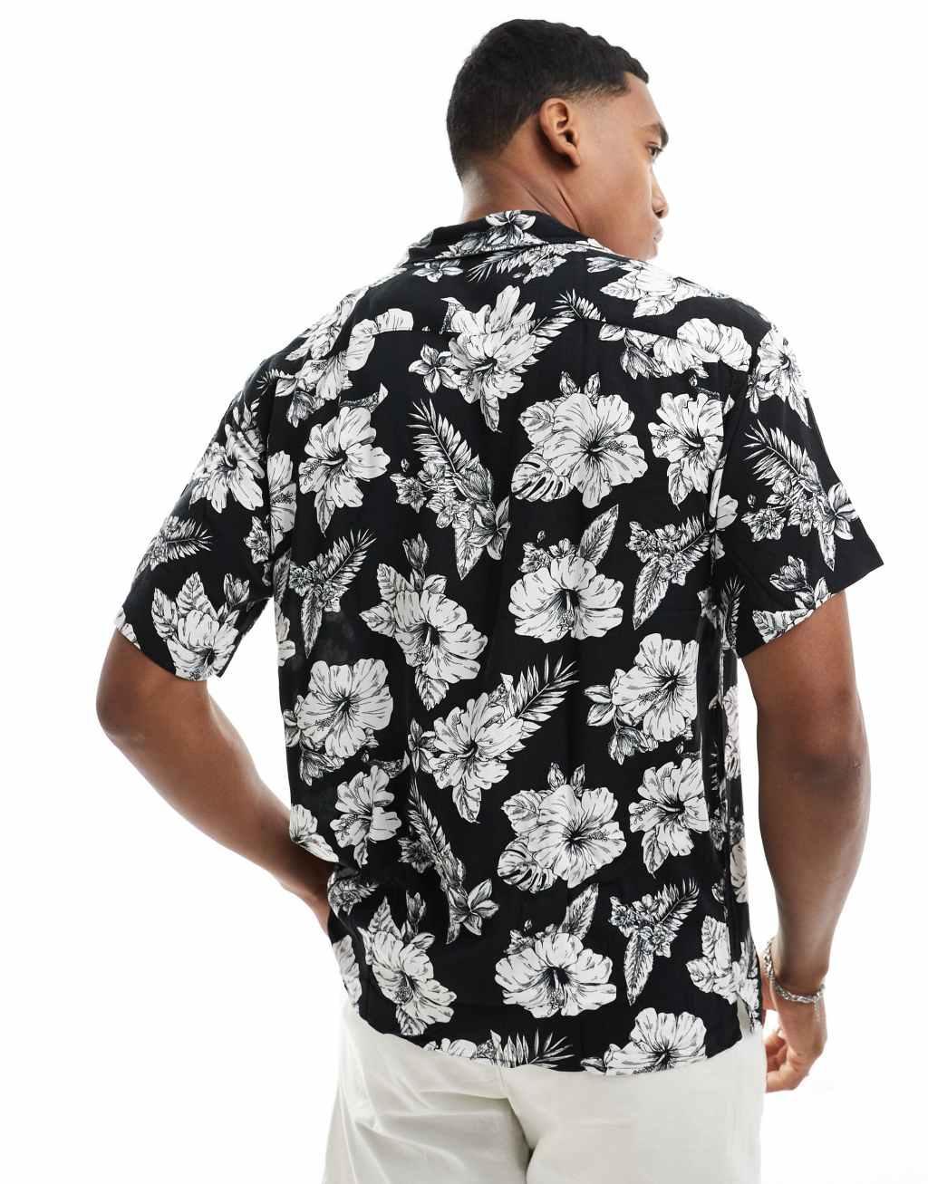 Jack & Jones floral shirt with revere collar in black and white Product Image