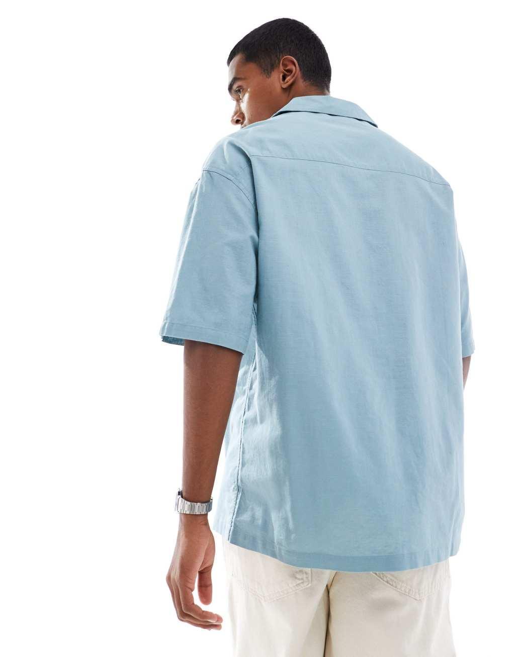 ASOS DESIGN 90s oversized linen blend shirt with deep camp collar in teal blue Product Image