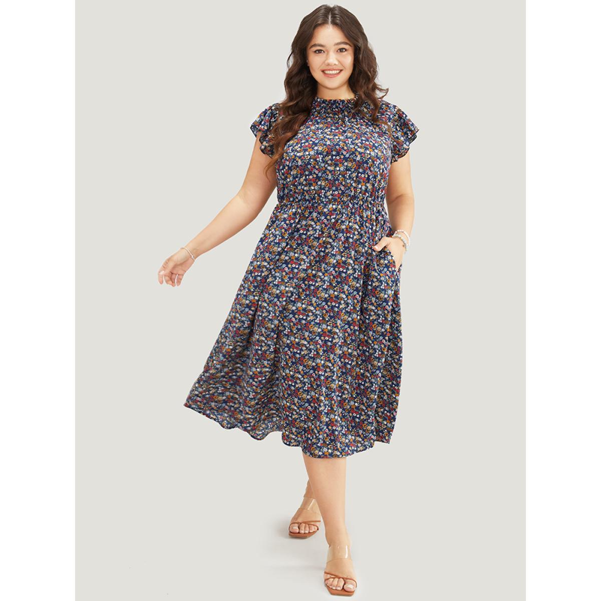 Plus Size Ditsy Floral Ruffle Sleeve Pocket Frill Trim Mock Neck Dress DarkBlue Women Elegant Pocket Mock Neck Half Sleeve Curvy Midi Dress BloomChic 12/L Product Image