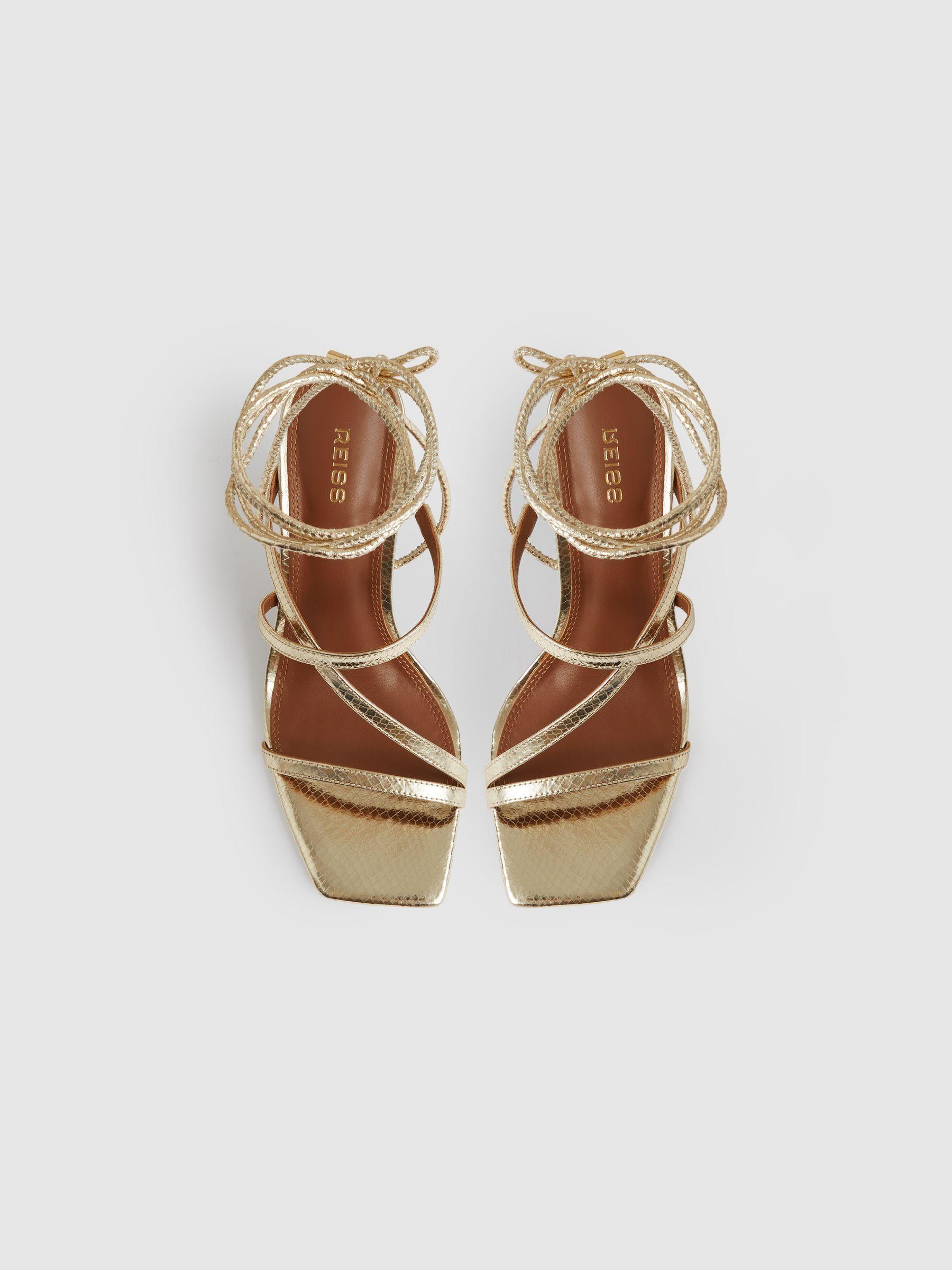 Leather Metallic Strappy Heeled Sandals in Gold Product Image