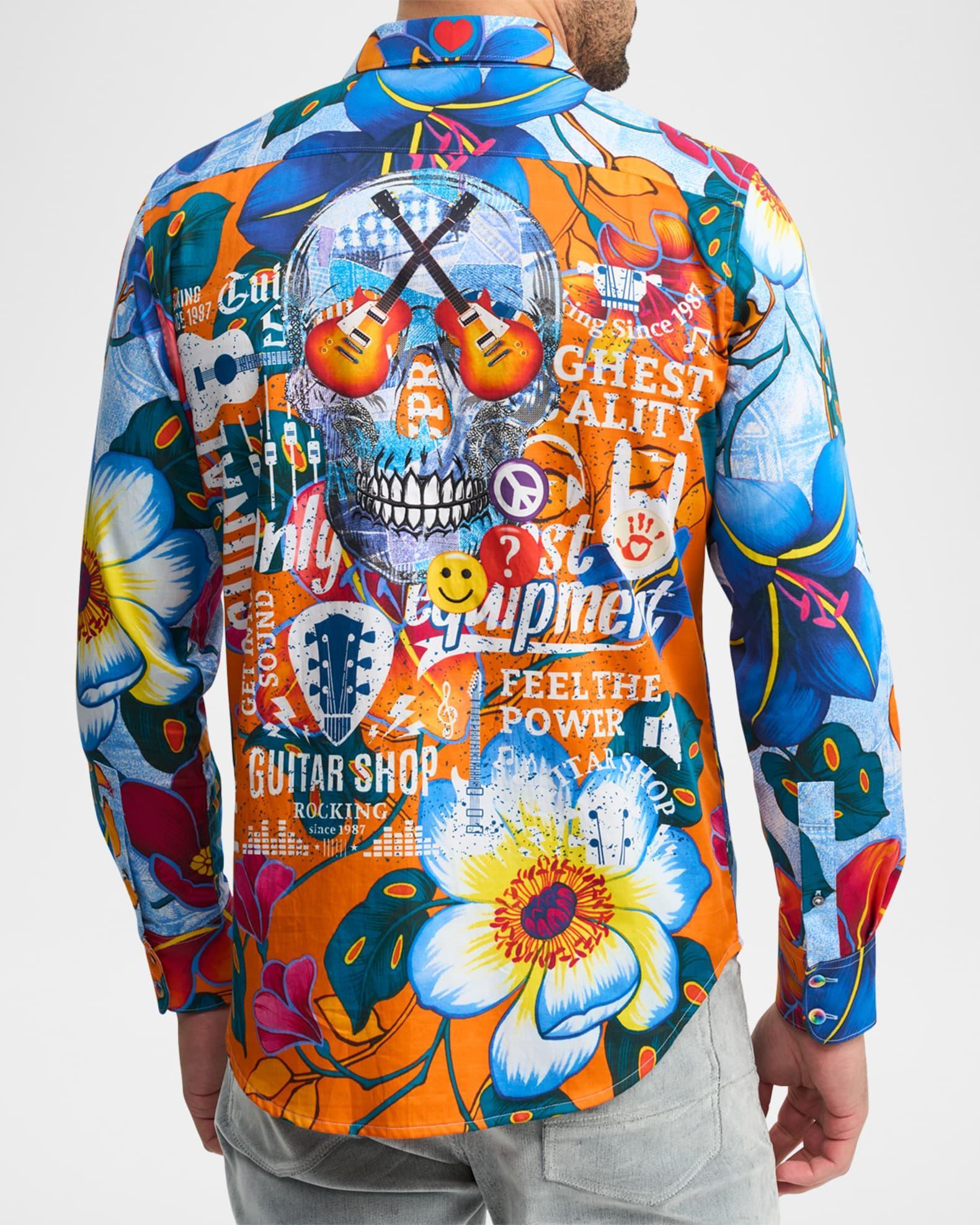 Mens Cotton Skull and Floral-Print Sport Shirt Product Image