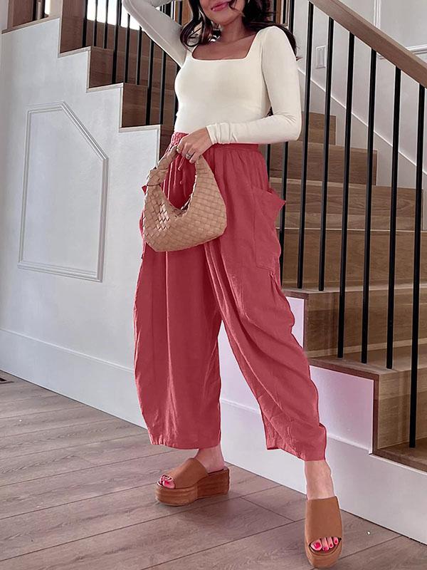 High Waisted Loose Drawstring Elasticity Pleated Pockets Solid Color Ninth Pants Trousers Product Image