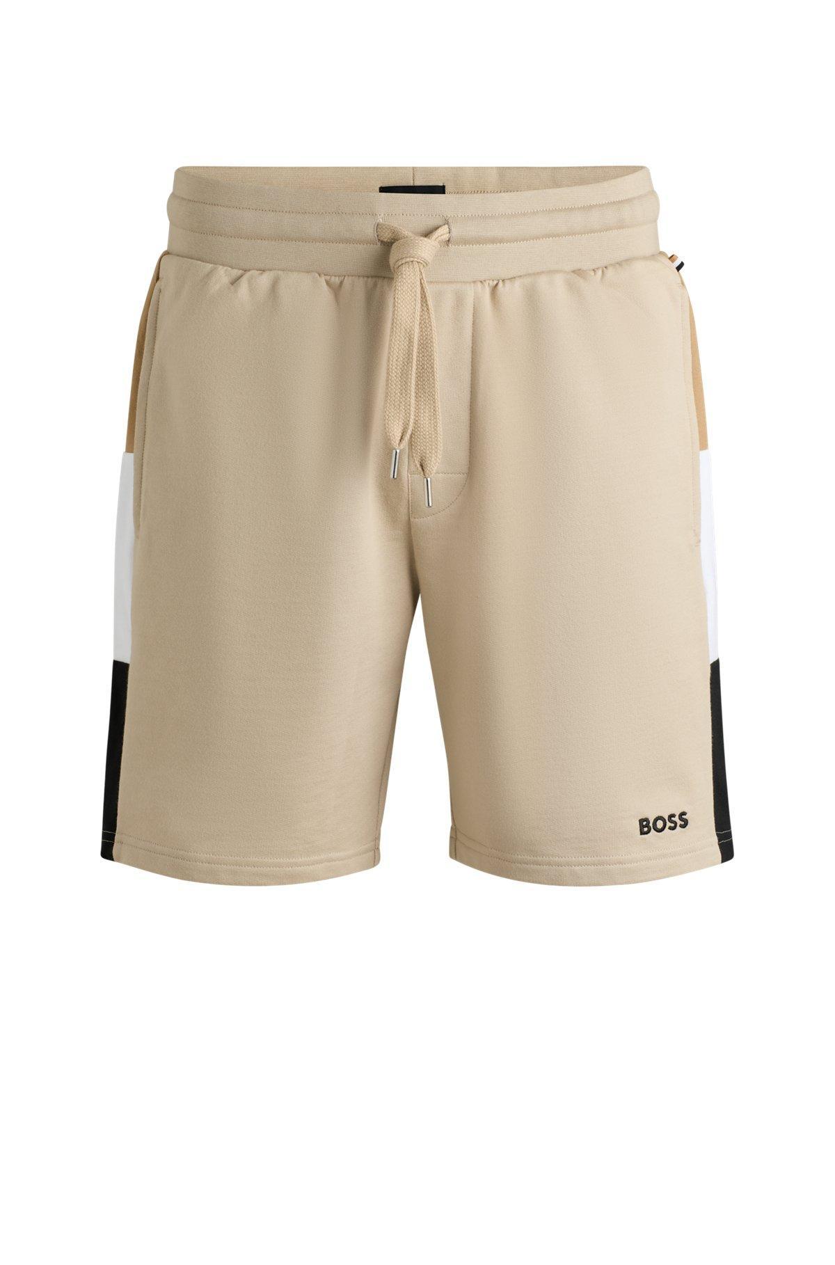 BOSS - Cotton-terry shorts with signature-stripe side panels - Light Beige Product Image
