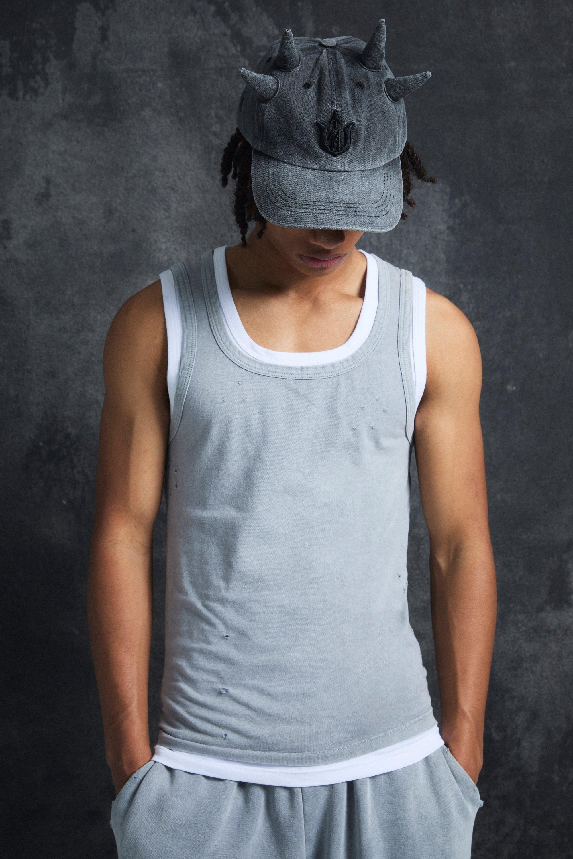 Mens Grey Trippie Redd Slim Washed & Distressed Faux Layer Vest, Grey Product Image